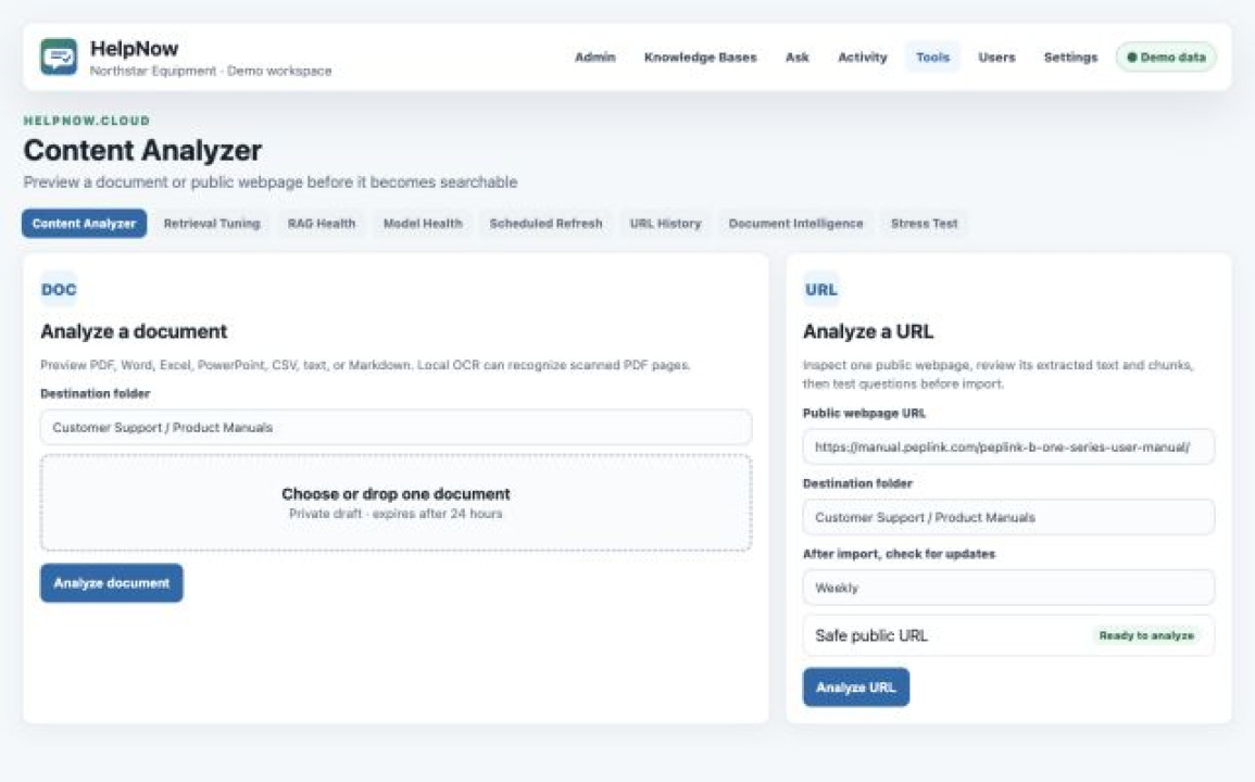 Content Analyzer offering document and public URL analysis before import