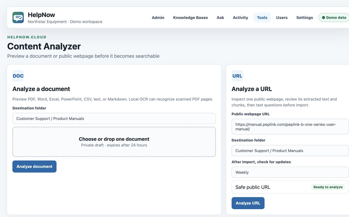 Content Analyzer offering document and public URL analysis before import