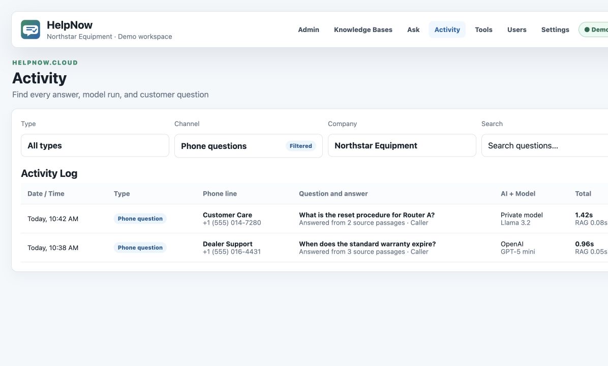 Activity log filtered to questions recognized on phone lines