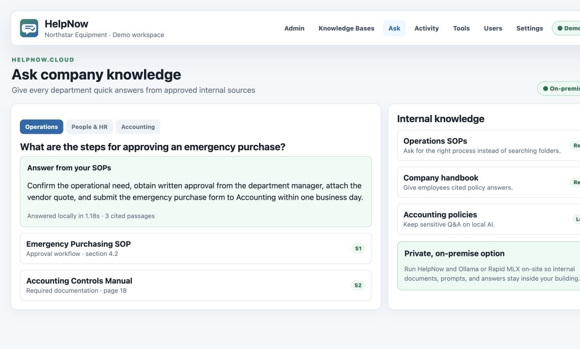 HelpNow answering a company SOP question with local on-premise AI