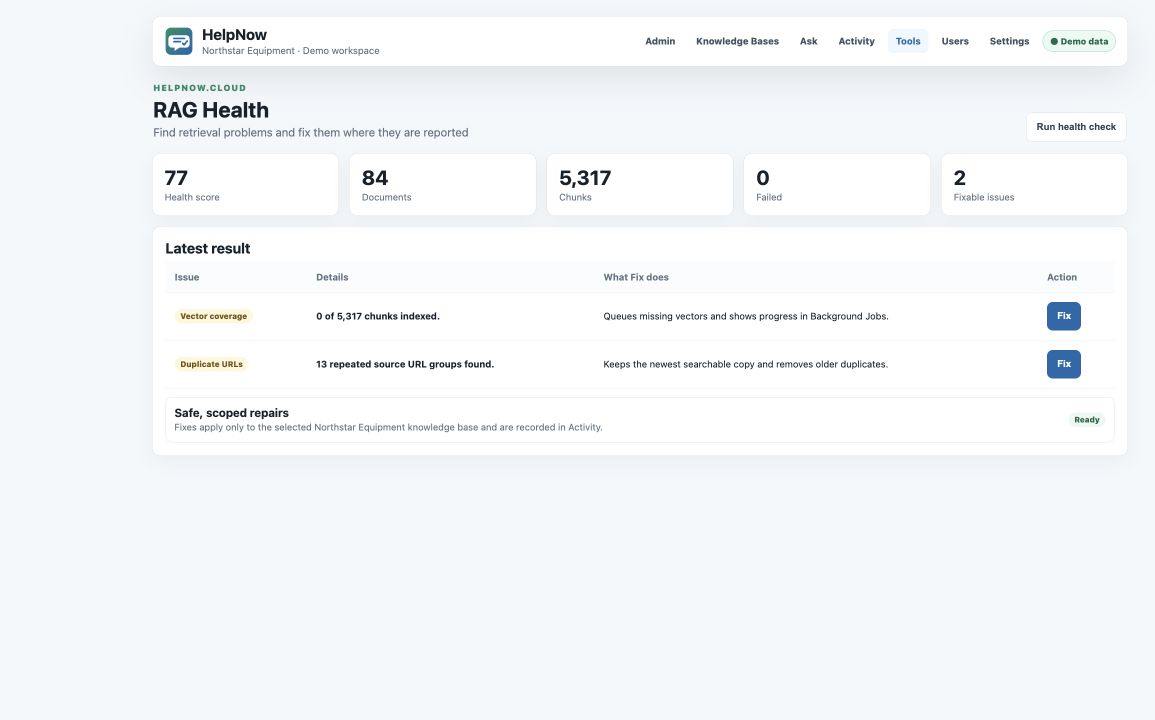 RAG health report with Fix buttons for missing vectors and duplicate URLs