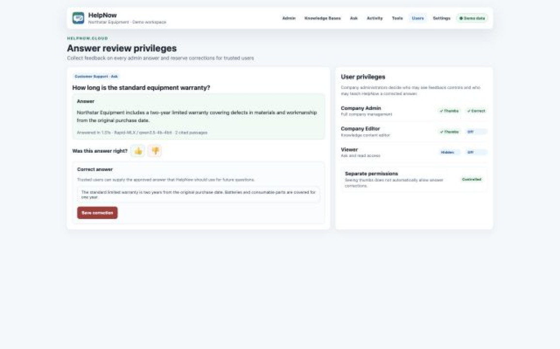HelpNow admin answer with thumbs, a correct-answer field, and per-user answer review privileges